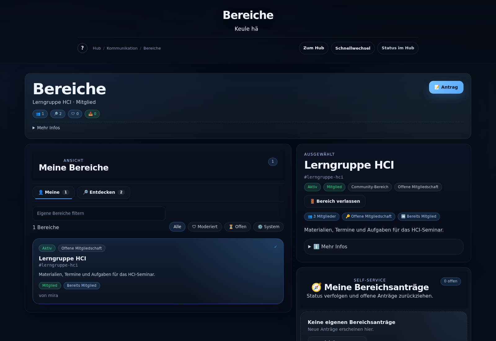 Bereiche-Ansicht von Keule mit Lerngruppe HCI und Bereichsdetails