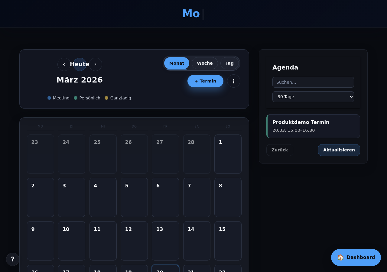 Kalenderansicht von Keule mit Monatsübersicht und Agenda
