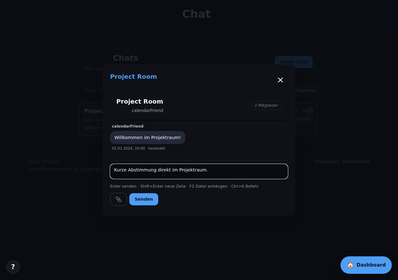 Chatansicht von Keule mit Projektraum und Nachrichtenfeld