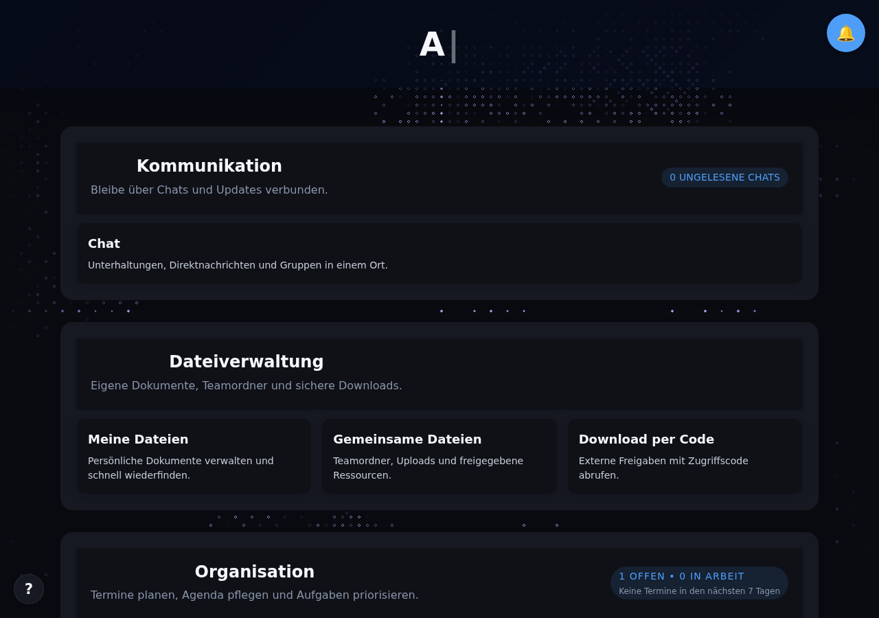 Dashboard der Keule-Webapp mit Bereichen für Kommunikation, Dateiverwaltung und Organisation