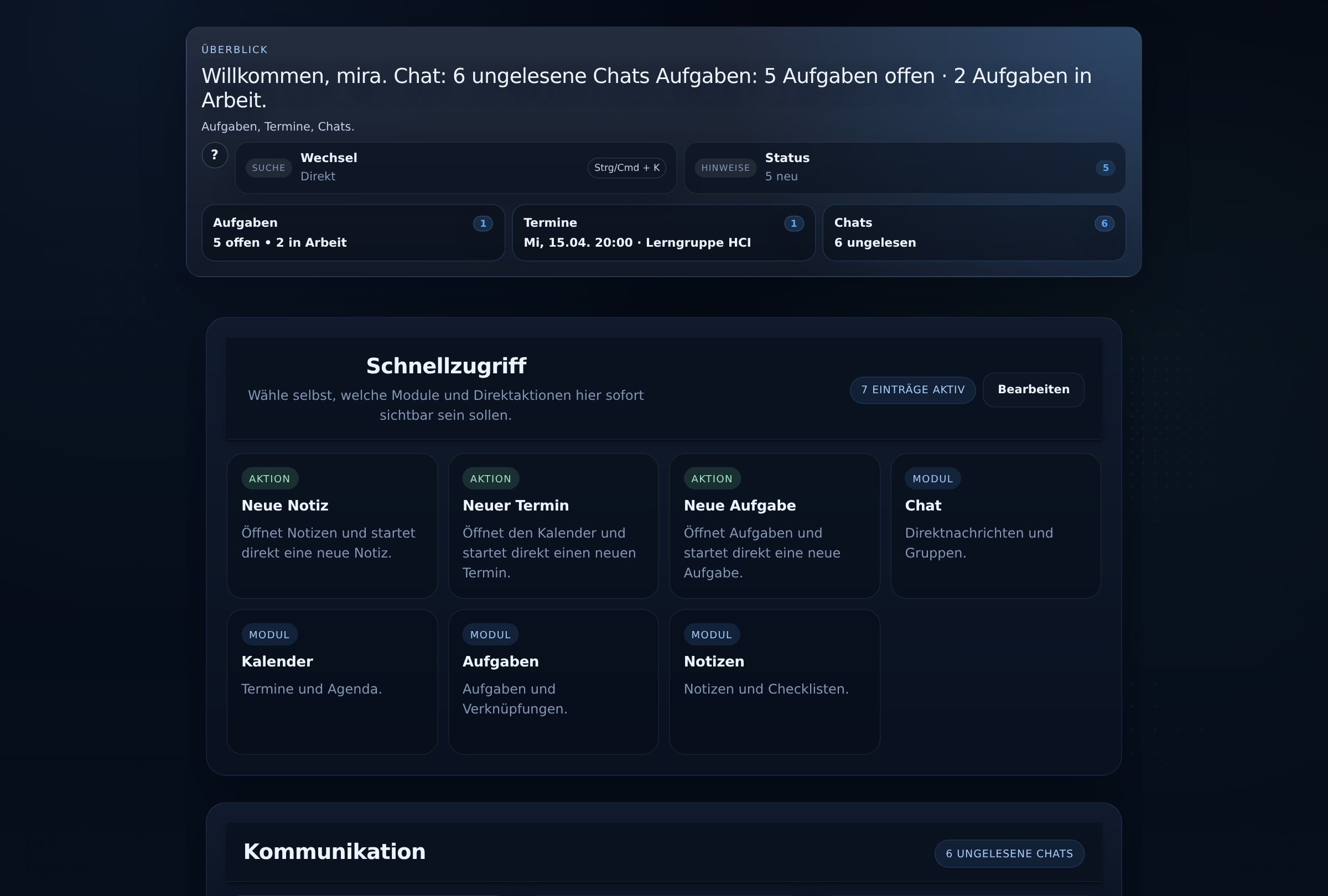Keule-Hub mit Überblick über Aufgaben, Termine, Chats, Schnellzugriff und Hinweise für die interne Zusammenarbeit