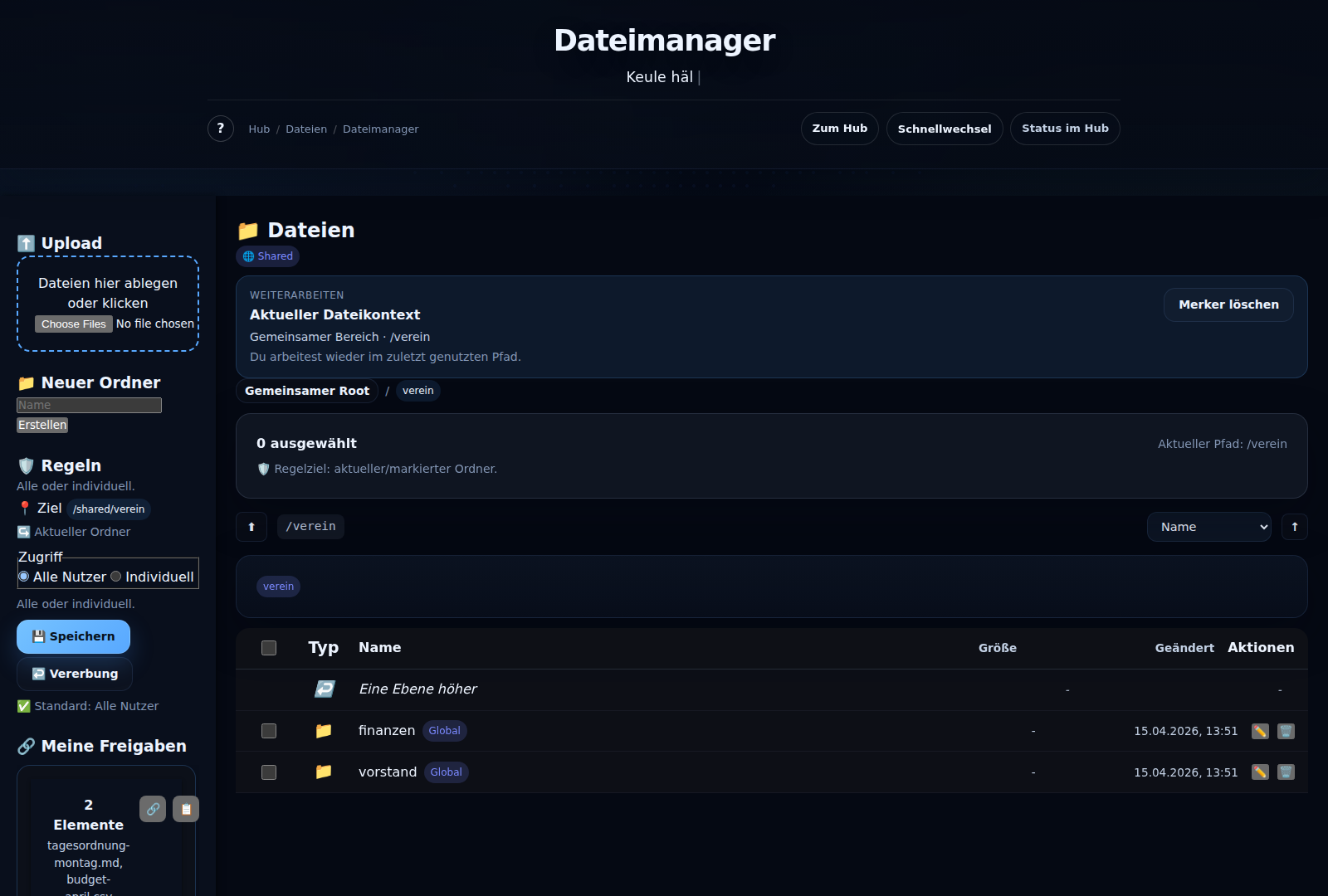 Gemeinsamer Dateimanager in Keule mit Bereichsordnern und zentraler Ablage