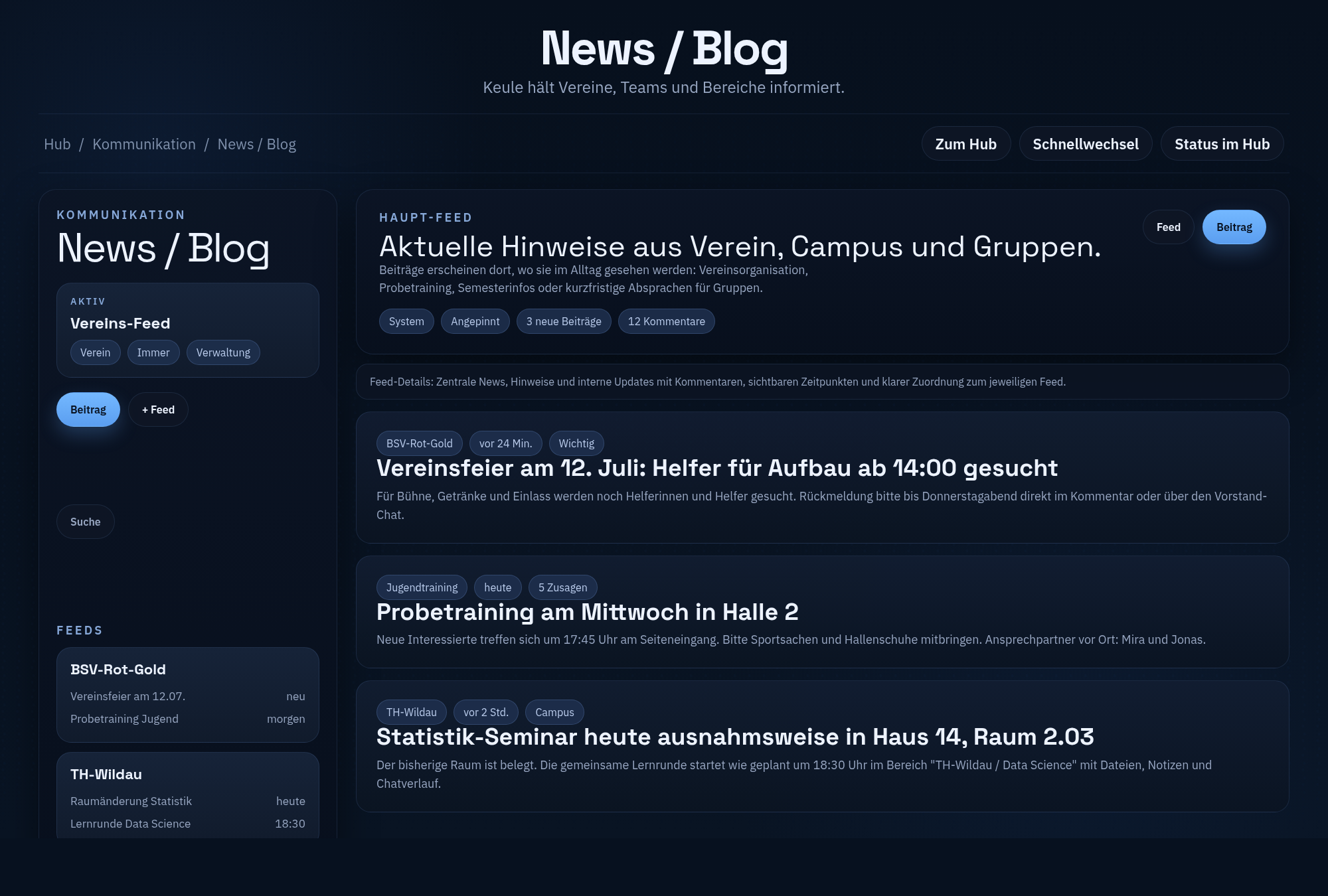 News- und Hinweise-Bereich in Keule für zentrale interne Informationen
