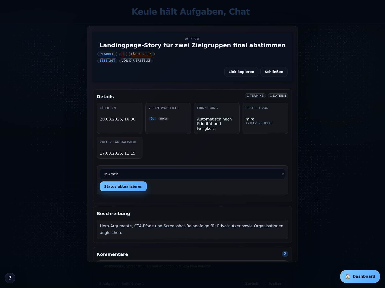 Aufgabenansicht von Keule mit gefüllter Aufgabenliste und Detailansicht